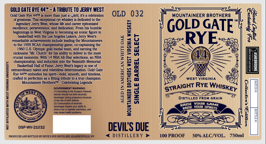 Gold Gate Rye 44 label featuring elegant design elements, highlighting its premium, limited-edition status as a tribute to West Virginia icon Jerry West.