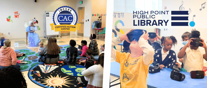 Children gather for a storytime session with a costumed storyteller at the High Point Public Library, a Certified Autism Center™, while others explore virtual reality experiences with VR headsets.