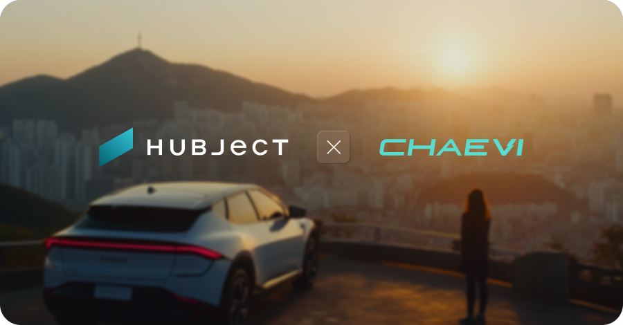 A blurred photo with a car on a hill-top with a woman standing beside with the text over the image saying 'Hubject x Chaevi'