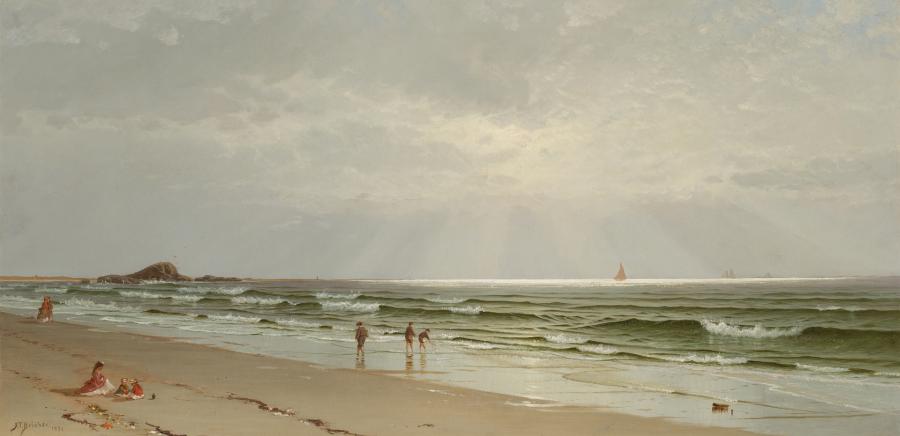 Oil on canvas by Alfred T. Bricher (American, 1837-1908), titled Morning at Narragansett – The Turn of the Tide (1871), 20 ½ inches by 41 inches, signed and dated ($337,500).