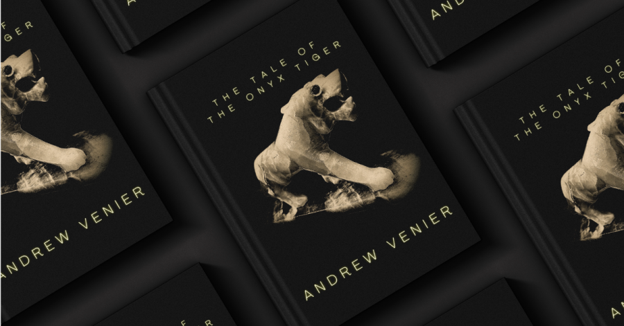 A display of multiple copies of the book The Tale of the Onyx Tiger by Andrew Venier, featuring a striking cover with an abstract depiction of an onyx tiger against a dark background, symbolizing themes of mystery and resilience.