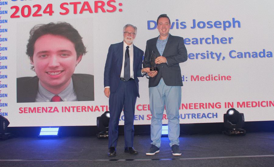 Davis Joseph receiving the Semenza International Cell Engineering in Medicine Award by Prof. Gregg Semenza 2019 Nobel Laureate in Physiology or Medicine at SIPS 2024 Gala and Award Ceremony