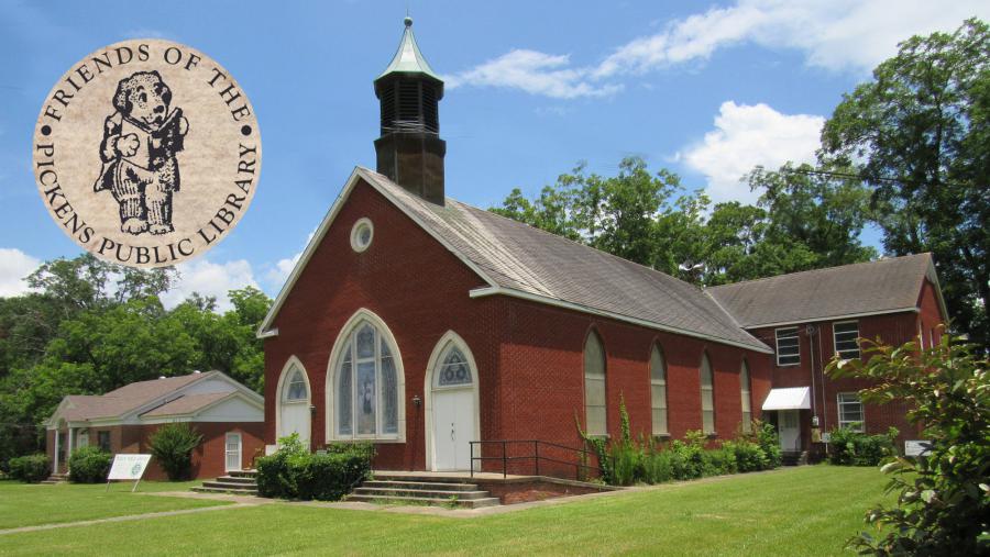 A photograph of the former First United Methodist Church, a historic landmark which was donated in 2014 by congregation on the condition that it would be converted into the future home of the Pickens Public Library.