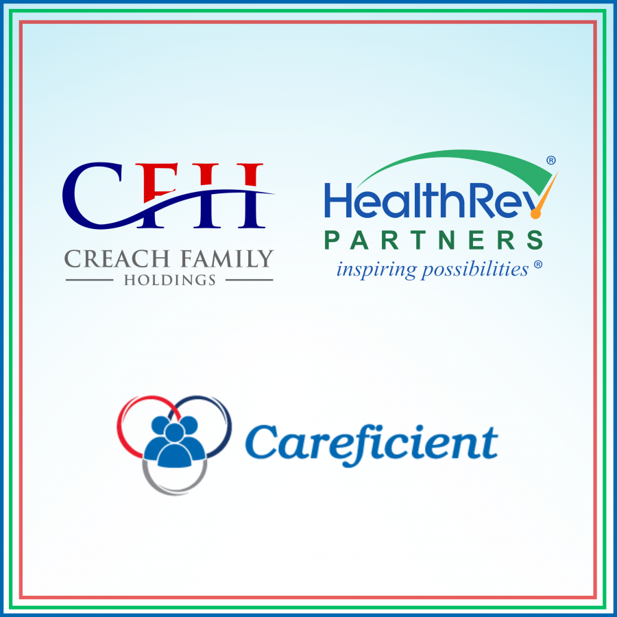 Logos of Creach Family Holdings, HealthRev Partners, and Careficient, symbolizing the partnership and expansion in healthcare technology solutions.