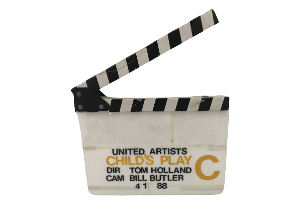 Production-used slate clapperboard from Tom Holland’s 1988 horror film Child’s Play from United Artists, used by camera C in the movie on April 1, 1988 (est. $4,000-$6,000).