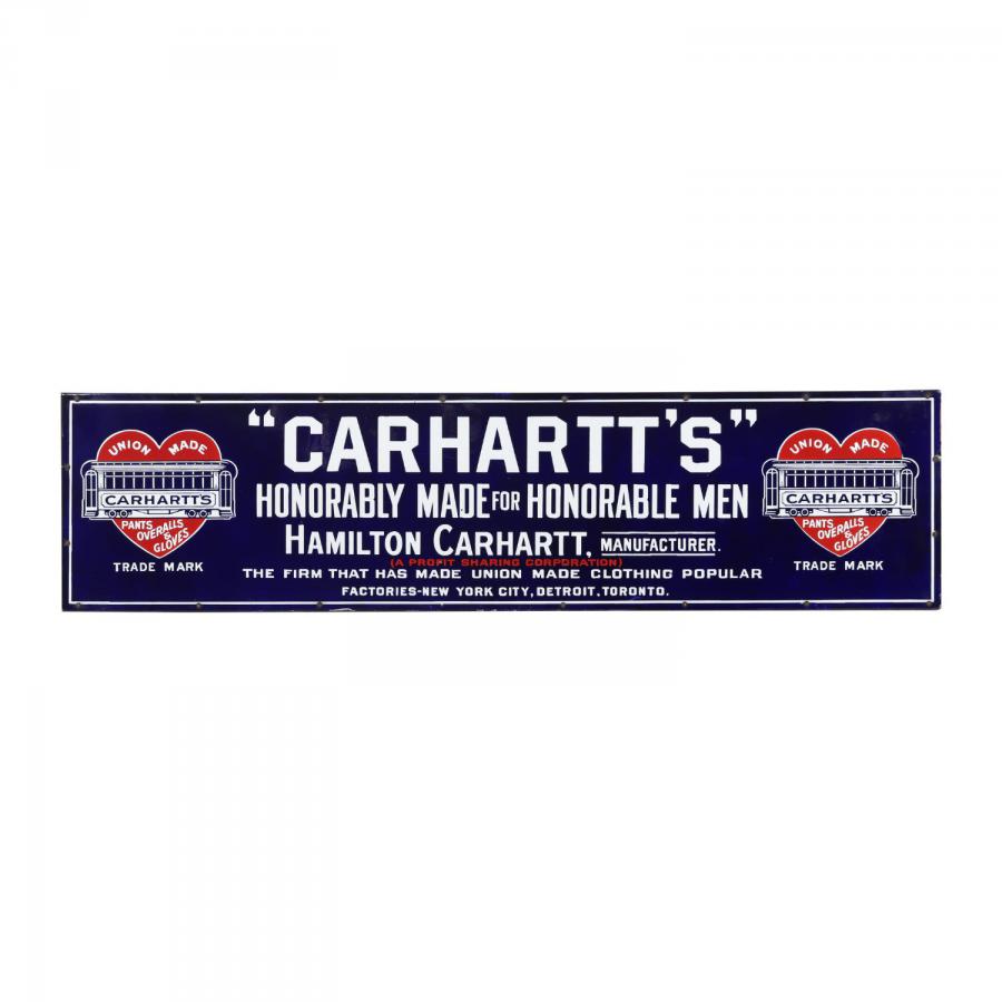 Canadian single-sided porcelain sign from the 1910s for Carhartt, Inc. – a heavy-duty work wear company founded in Detroit, 18 inches by 72 inches and graded near-perfect at 9.5 (CA$28,320).