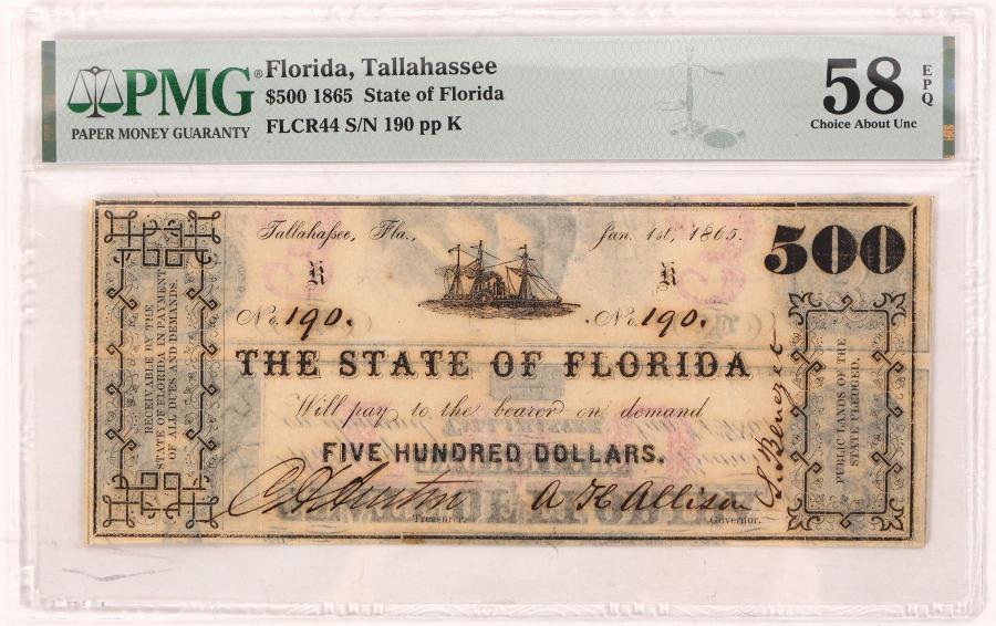 Rare and uncirculated 1865 $500 Confederate currency banknote (Florida, CR 44), a key issue in the Florida Civil War State Note series, one of only 380 printed, rated R7 ($9,375).