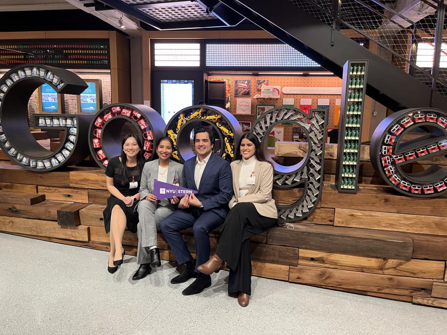 L to R: NYU Stern School of Business MBA students Helen Nguon, Nivedithaa Venkatanarayanasami, Satyam Chauhan, Neha Medikayala, in Google’s St John’s Terminal Offices, New York.