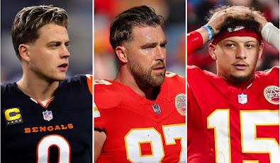 NFL players Patrick Mahomes, Travis Kelce, and Joe Burrow