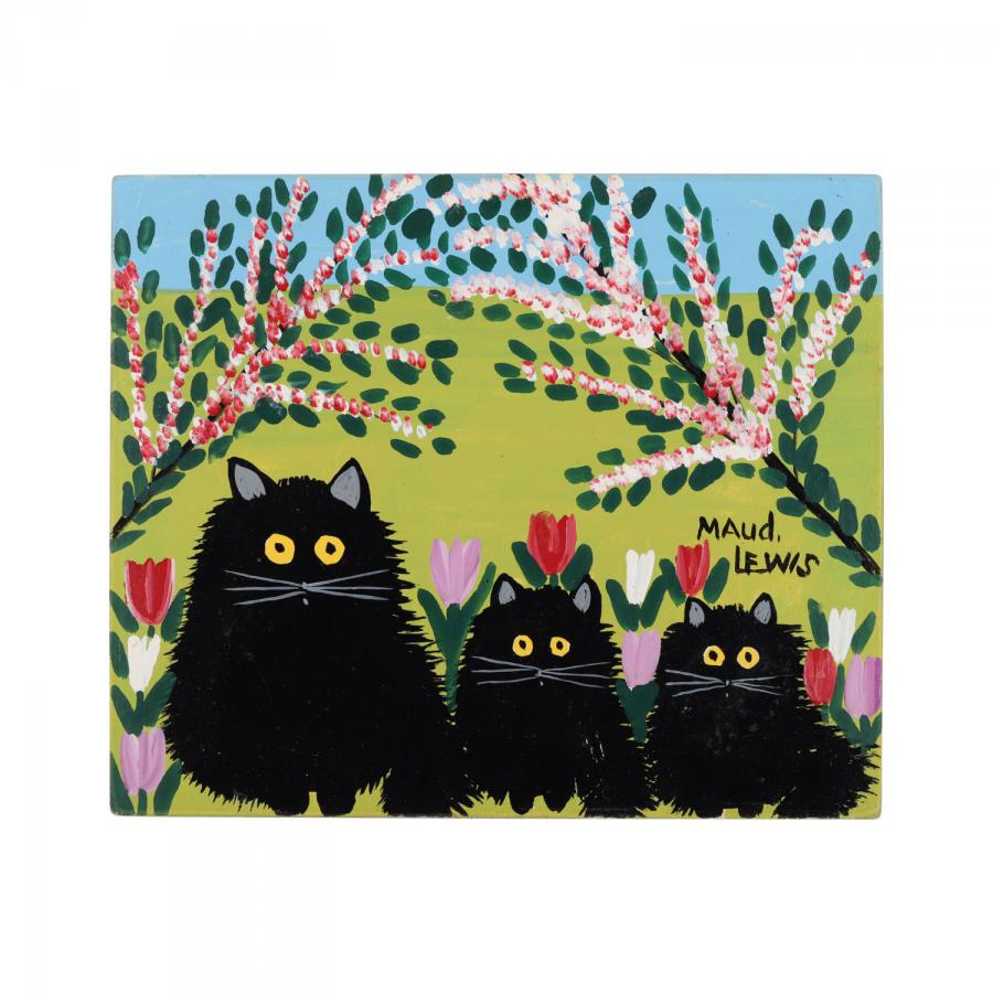 Iconic oil on beaverboard painting by the acclaimed Nova Scotia folk artist Maud Lewis (1903-1970), titled Three Black Cats, artist signed, circa second half 1965 (est. CA$20,000-$30,000).