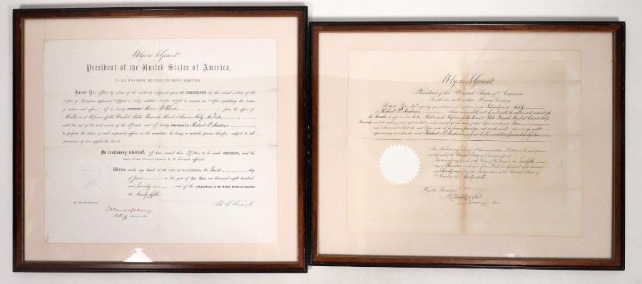 Numismatics will be led by a Carson City Mint treasure: a pair of 1871 documents appointing the melter/assayer for the Mint, one signed by President Ulysses S. Grant (est. $6,000-$10,000).