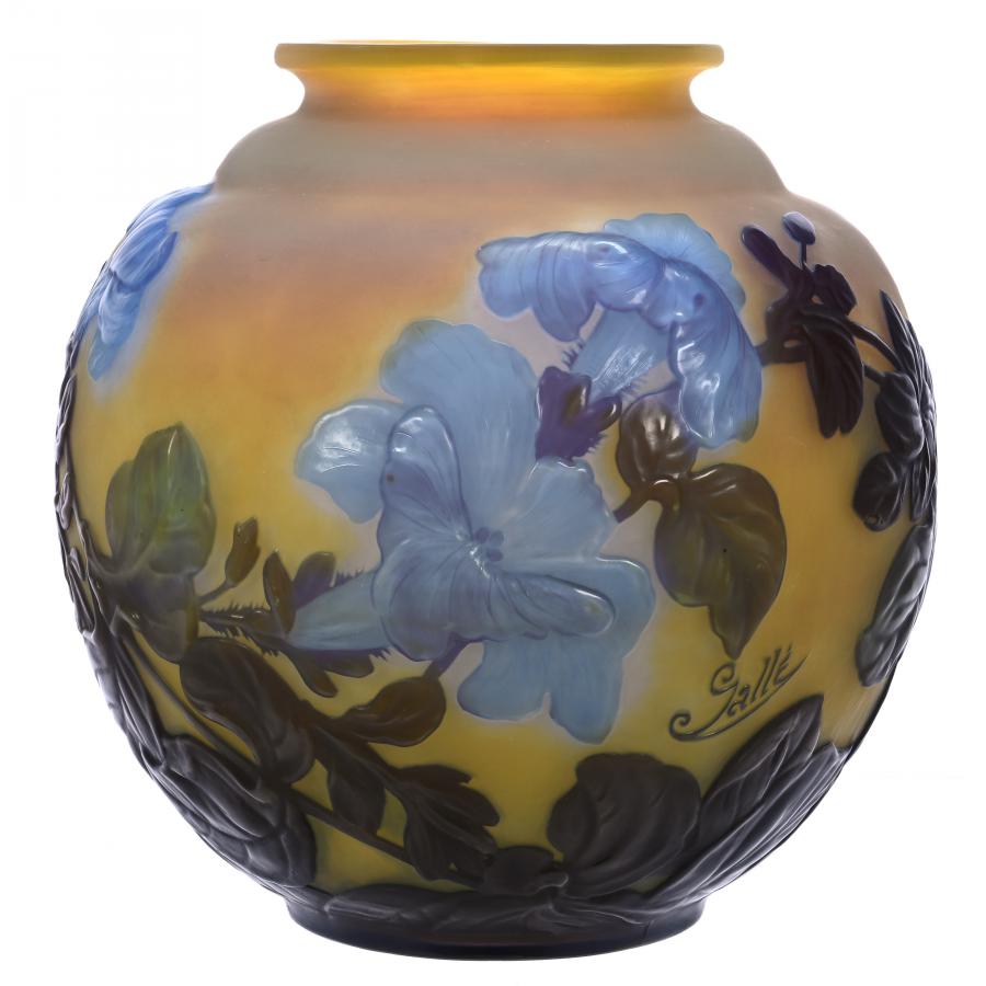 Bulbous French Cameo vase signed Galle in the Morning Glory pattern, having a yellow ground with blue and green cameo cutback souffle, a fantastic example (est. $5,000-$10,000).