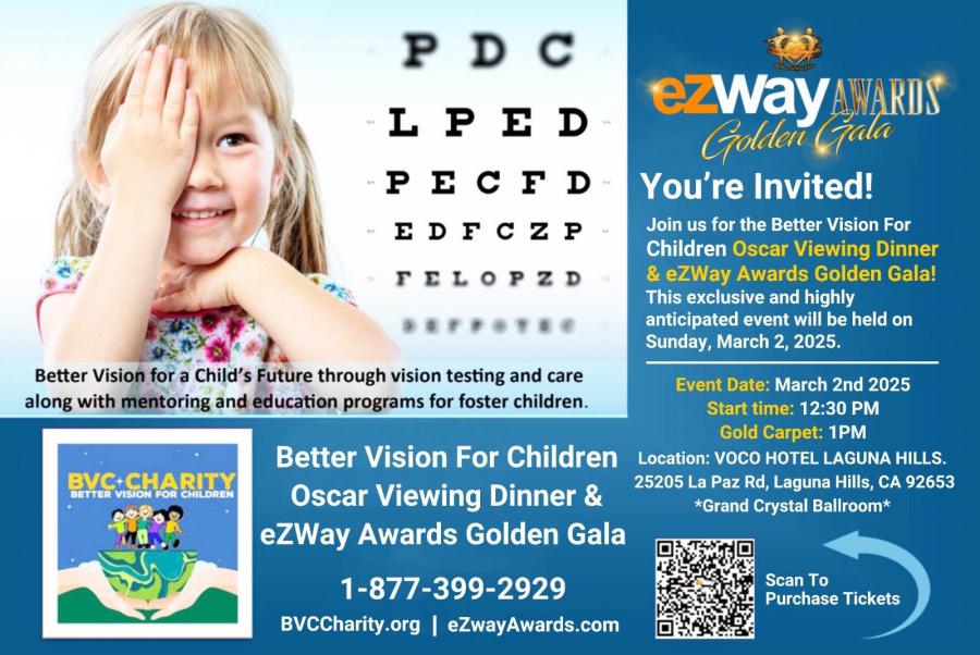 Kate Linder and Trae Ireland to host the eZWay annual Oscar Viewing Golden Gala, with a social media reach of over 5 million Instagram followers, to raise awareness for Better Vision for Children and its vital mission.