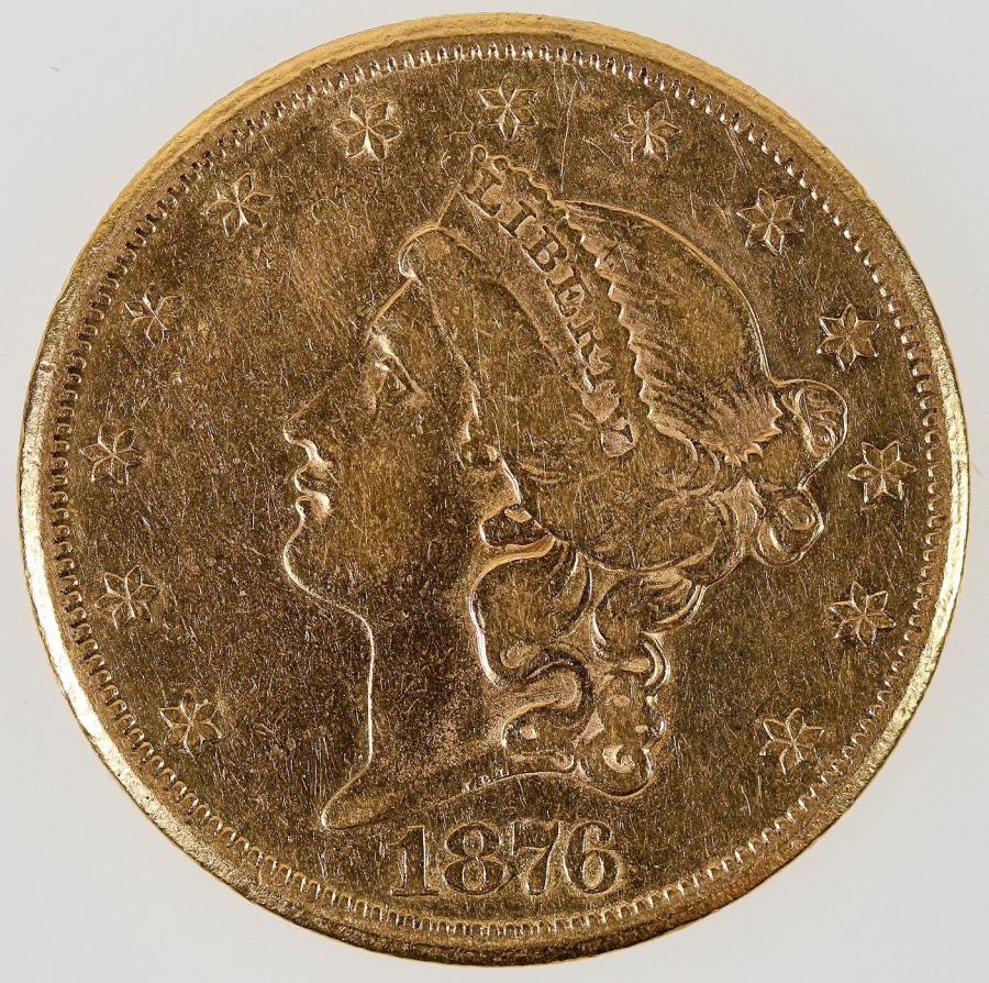 Rare 1876-CC (Carson City, Nevada Mint) U.S. Liberty Head $20 gold piece, graded F-VF condition, from a mintage of just 138,441 coins (est. $4,000-$6,000).