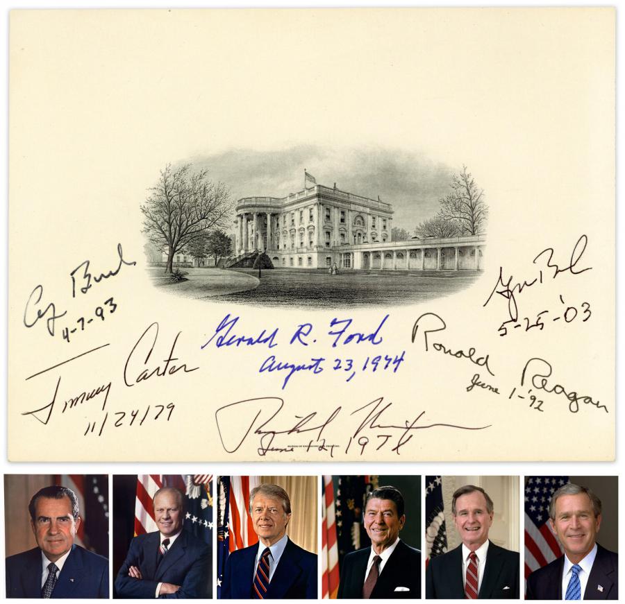 White House engraving signed by six presidents: Richard Nixon, Gerald Ford, Jimmy Carter, Ronald Reagan, George H.W. Bush, and George W. Bush (est. 6,000-$8,000).