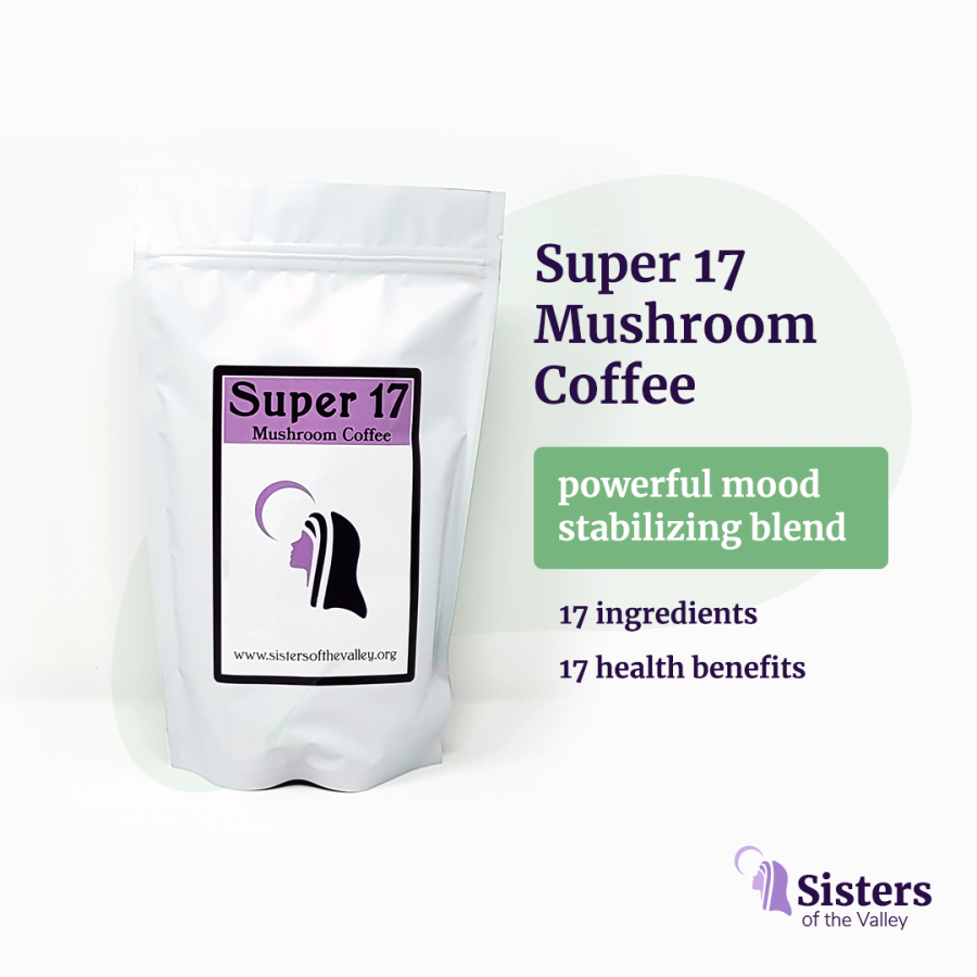 an image of a pouch of mushroom coffee with the number of ingredients and health benefits