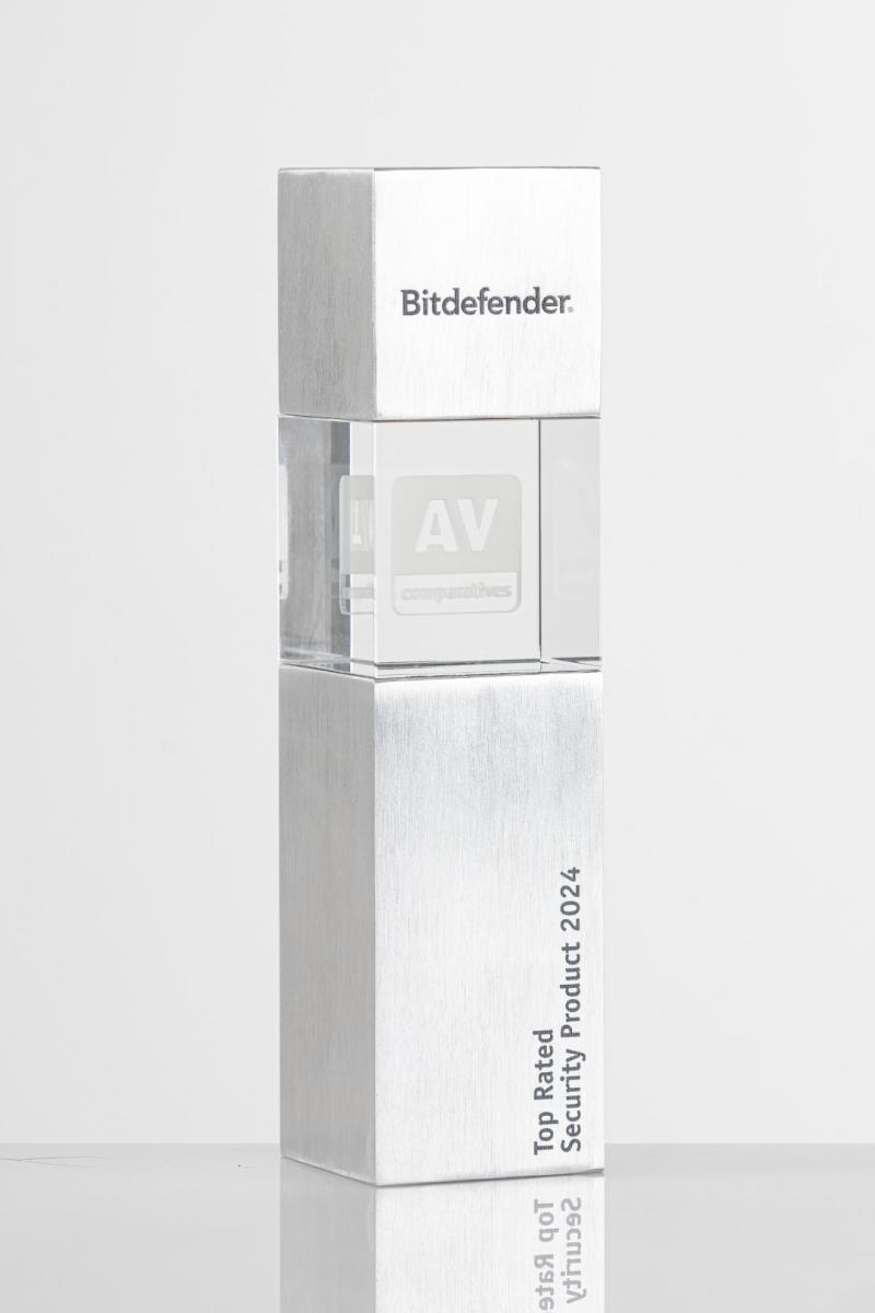 Trophy with the inscription Bitdefender Top Rated Product