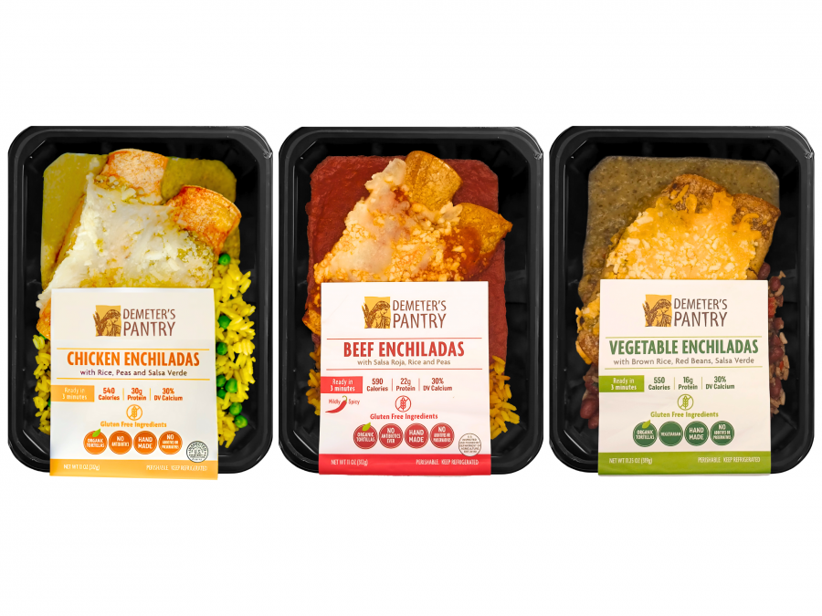 The image showcases the new enchiladas, each served with a side of rice, highlighting the three flavors: vegetable, beef, and chicken.