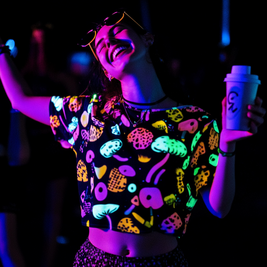 an Ontario music festival attendee in mushroom printed clothes