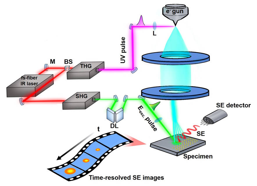 Figure 1 | Schematic illustration of probing photo-generated surface charge carriers using ultrafast scanning electron microscopy.