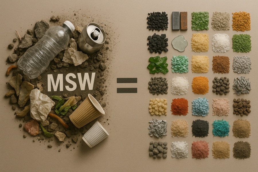 Waste to Circular Manufacturing Materials showing MSW on one side equaling raw materials on the other side