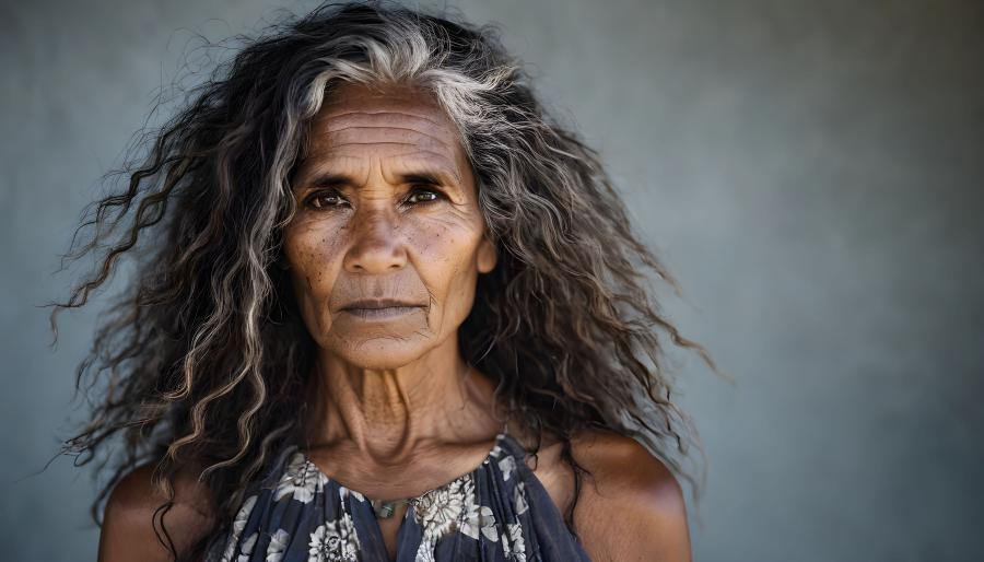 Facial shot of Ngarra. At the heart of the story is Ngarra, a revered Elder of the Munarrakalai people. As the bearer of ancestral knowledge, sacred law, and spiritual balance, Ngarra is both guardian and guide.