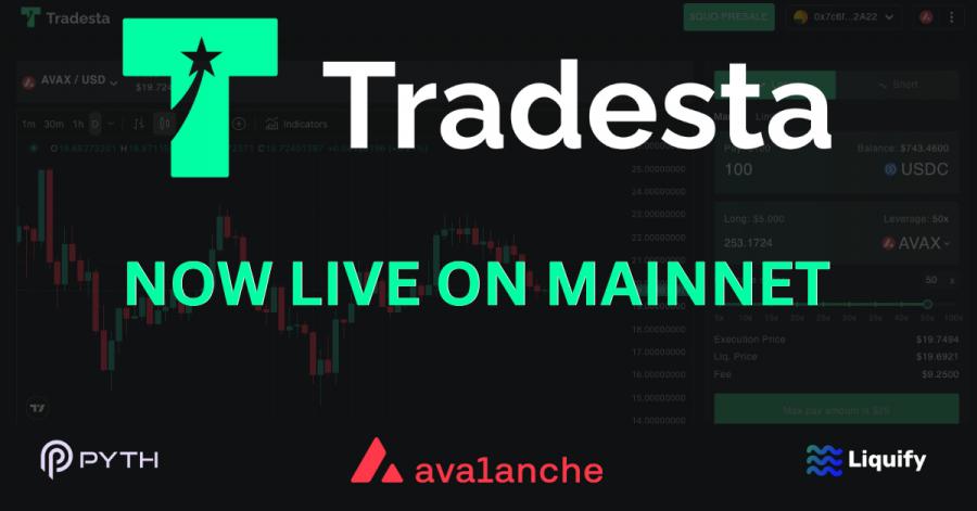 Large tradesta logo with the tradesta platform in the background and the Pyth and Avalanche logo