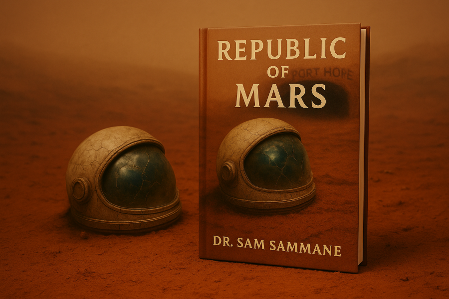 Book cover of Republic of Mars by Dr. Sam Sammane with astronaut helmets on Martian soil.