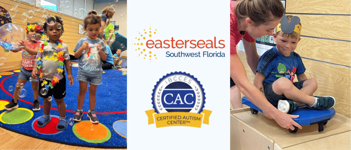 Children play with bubbles on a colorful carpet at an activity center. Easterseals Southwest Florida logo and certification displayed.