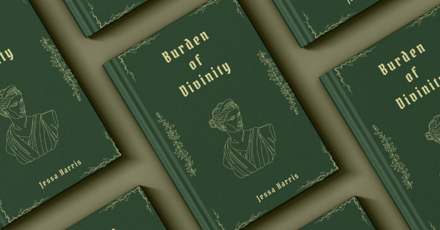 Book cover for Burden of Divinity featuring a dark green background with gold line-art embellishments: a classical bust at center, delicate vine borders, and the title in Gothic-style type.   2/2