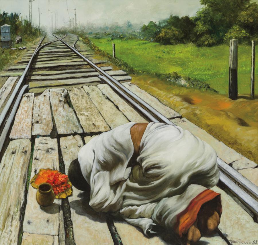 Oil on canvas by Bikash Bhattacharjee (Indian, 1940-2006), titled Worshipper (1982), signed and dated lower right, titled on reverse, 40 inches by 42 inches. Estimate: $80,000-$120,000. Sold for $100,000.