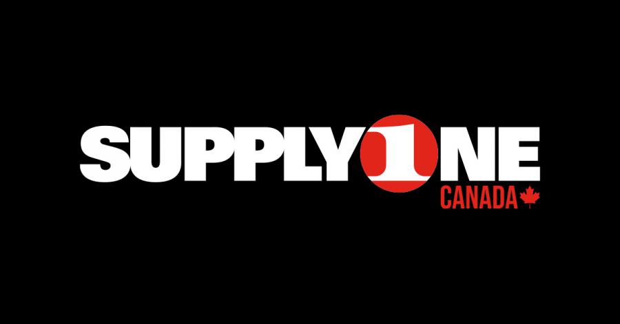 An image of the SupplyOne Canada logo in knockout and red on a black background.