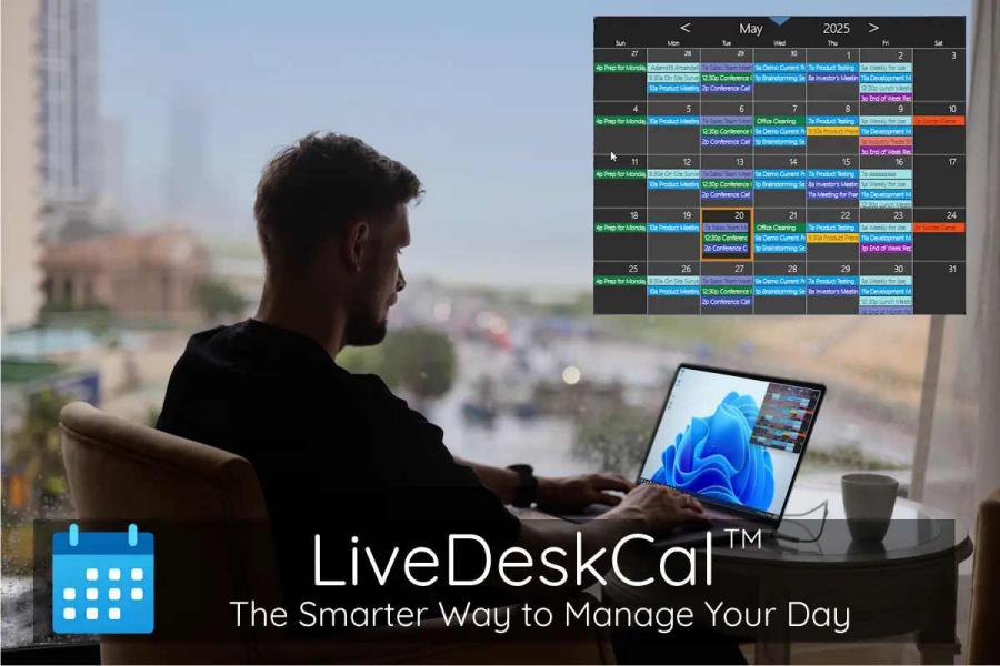 LiveDeskCal in use showing a busy professional with laptop calendar