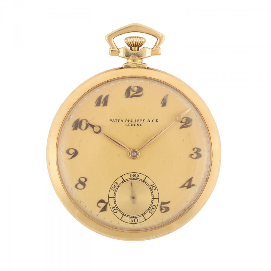 Patek Philippe 18K gold pocket watch, early-to-mid 20th century, the movement stamped with the Geneva Seal, the case is solid 18k gold, the chain is 14k gold. Estimate: CA$4,000-$6,000.