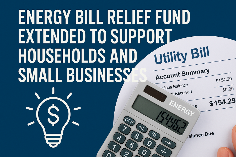Utility bill and calculator illustrating energy bill relief fund extension for households and small businesses