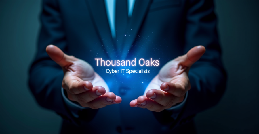 "Thousand Oaks Cyber IT Specialists" emanating from the palms a mans hands
