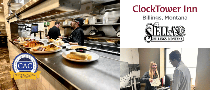 A bustling restaurant kitchen with assorted dishes on the countertop, showcasing a Certified Autism Center logo and ClockTower Inn branding.
