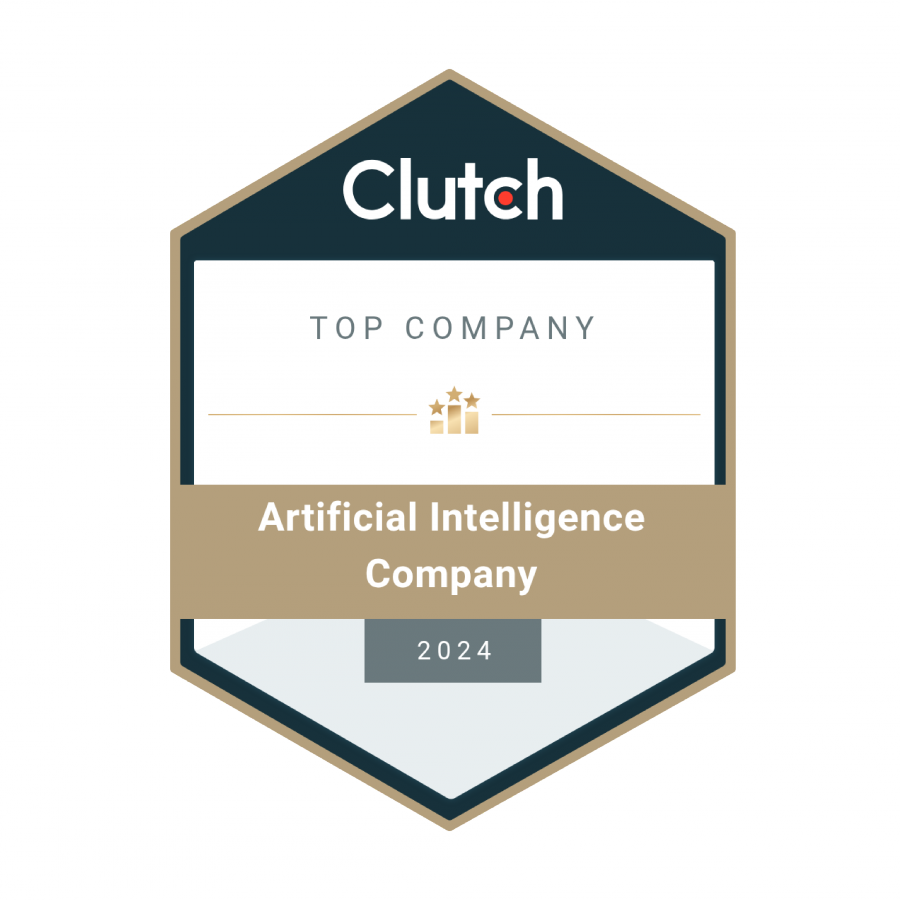 Clutch Top Company badge for Artificial Intelligence Company 2024 - hexagonal award emblem with Clutch logo, three gold stars, and year 2024