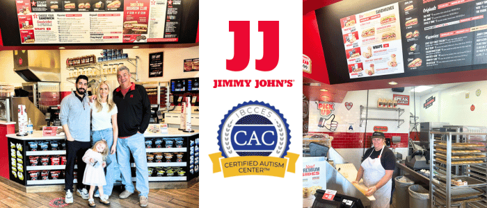 A family stands together inside a Jimmy John's restaurant, with a menu board and signs in the background, highlighting its Certified Autism Center designation.