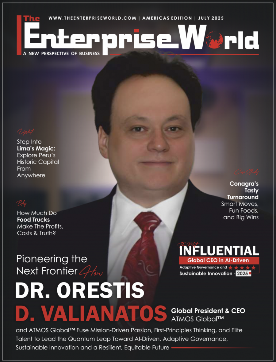 Dr Orestis D. Valianatos, ATMOS Global™ ‘s Global President and CEO featured on the cover of the July 2025 edition of The Enterprise World Magazine (Americas Edition) as “The Most Influential Global CEO in AI-Driven Adaptive Governance and Sustainable Innovation – 2025”