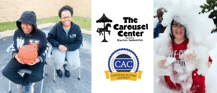 The International Board of Credentialing and Continuing Education Standards (IBCCES) proudly renews the Carousel Center’s designation as a Certified Autism Center™ (CAC) Two children playing basketball and enjoying foam activity at The Carousel Center, a Certified Autism Center™, showcasing fun and engagement.