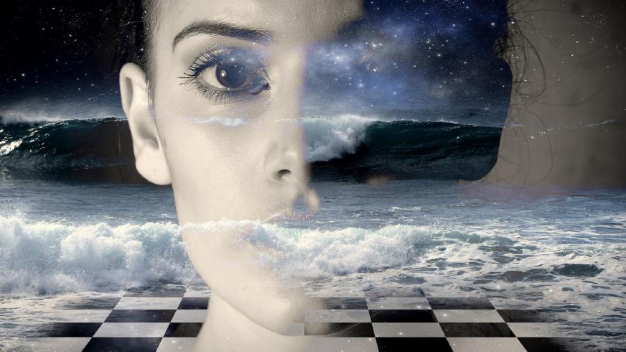 Woman looking through clouds with superimposed chess board.