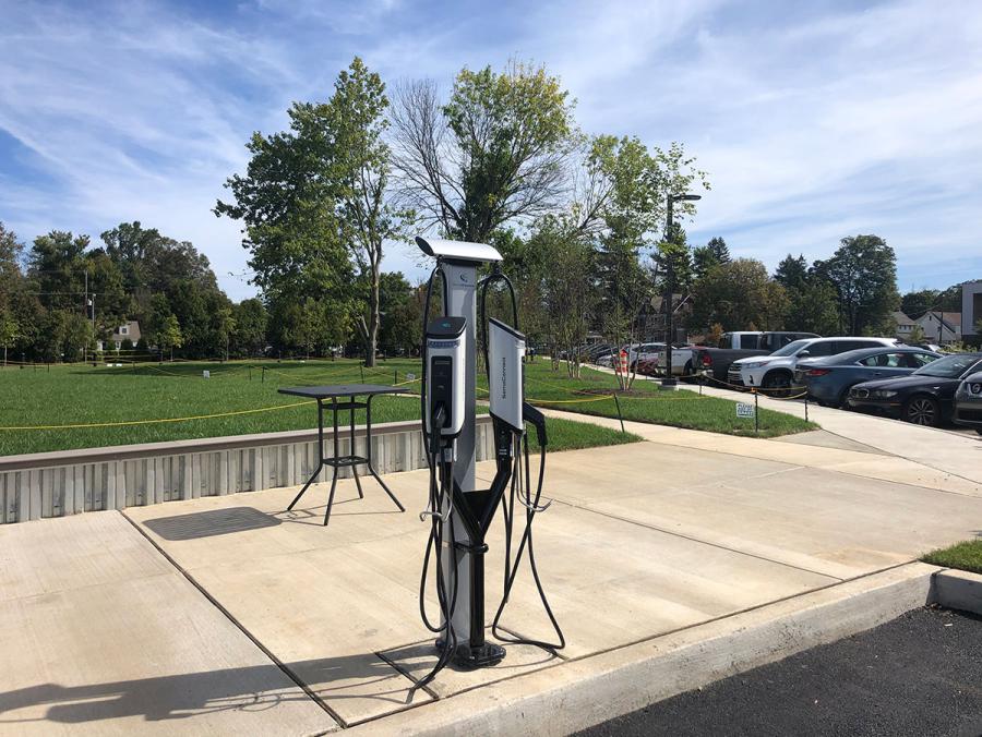 SemaConnect dual pedestal EV charging stations at Ambler Yards