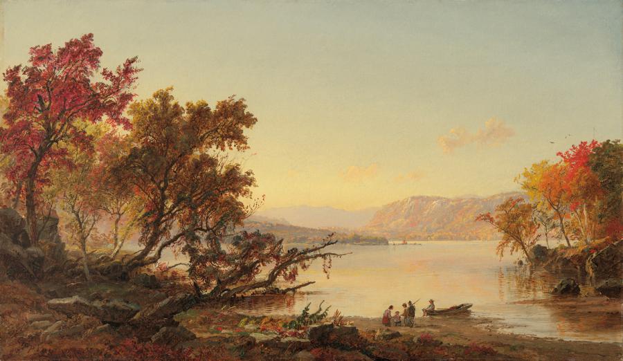 Oil on canvas by Jasper Francis Cropsey (American, 1823-1900), titled Autumn at Greenwoods Lake (1871), signed and dated, 14 inches by 24 inches ($100,000).