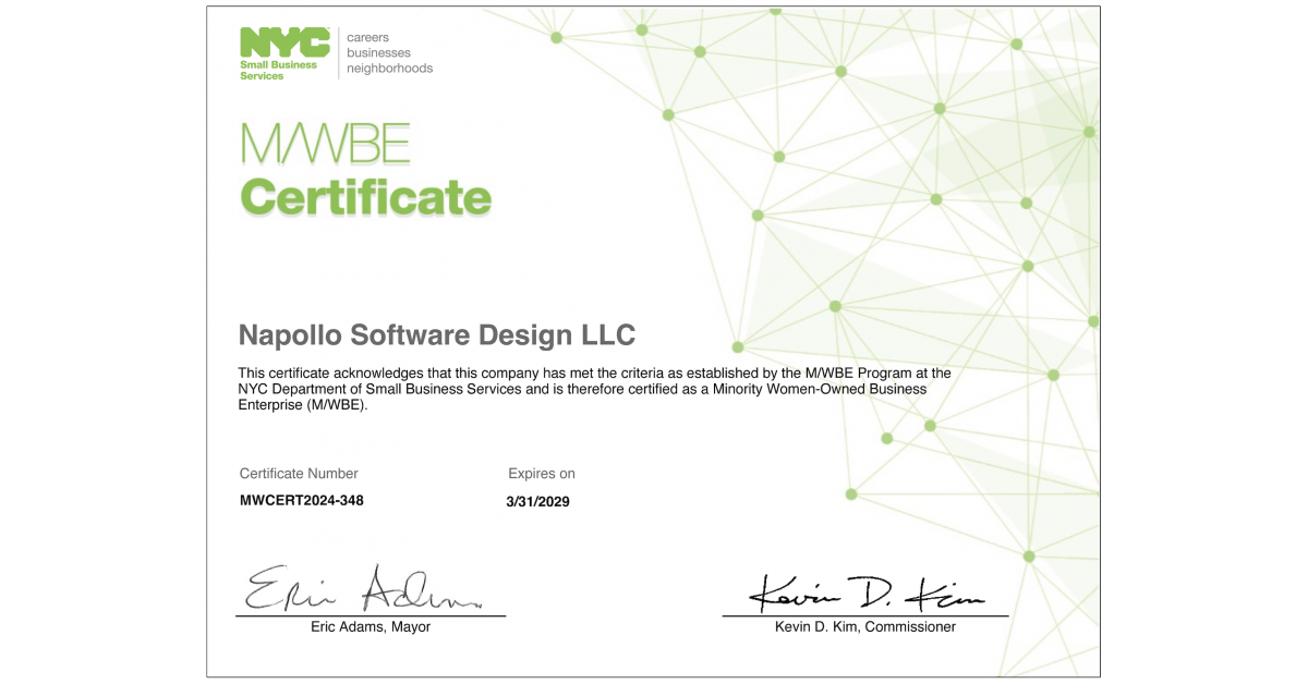 Napollo Software Design Certified as WMBE by New York City, Boosting ...