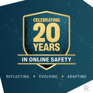 Badge graphic reading “Celebrating 20 Years in Online Safety,” marking Resolver’s 20-year Trust & Safety milestone.