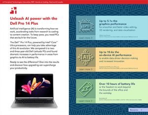First page of an interactive PDF titled: Unleash AI power with the Dell Pro 14 Plus