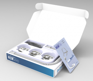 A photo of the REMSleep Holdings DeltaWave™ CPAP mask system in its opened box with all parts.