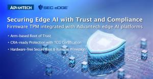 Blue and purple gradient background with 3D shield on a board. Advantech and SecEdge logos placed on the top left. Title Securing Edge AI with Trust and Compliance. Subtitle Firmware TPM integrated with Advantech edge AI platforms. Bullet 1 Arm-based Root