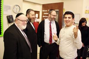 Dr. Joshua Weinstein, Ezra Friedlander, State Senator Felder greeting students
